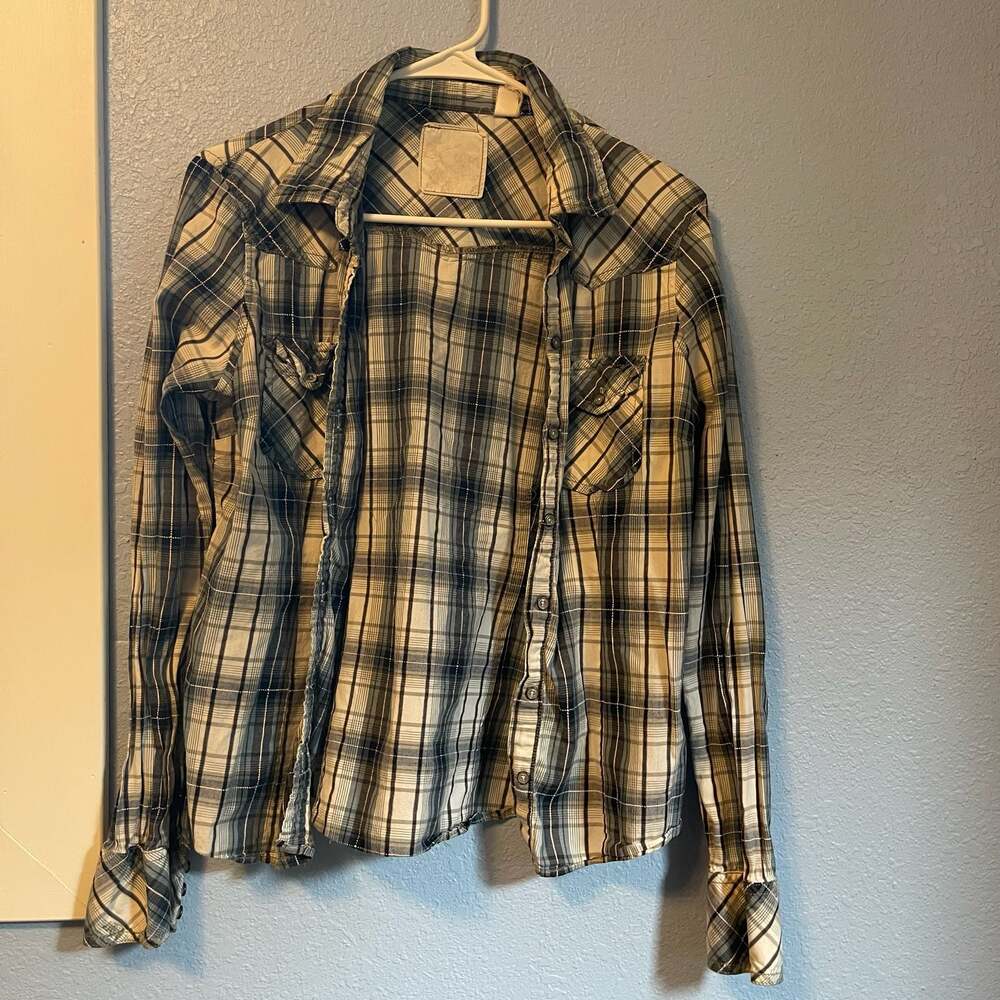 Y2K Plaid Western Coastal Cowgirl Farm Long Sleeve Shirt Top Collar L Large